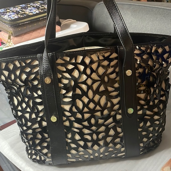 Sondra Roberta Tote Bag. Black patent mesh pattern over beige linen. - Picture 1 of 7